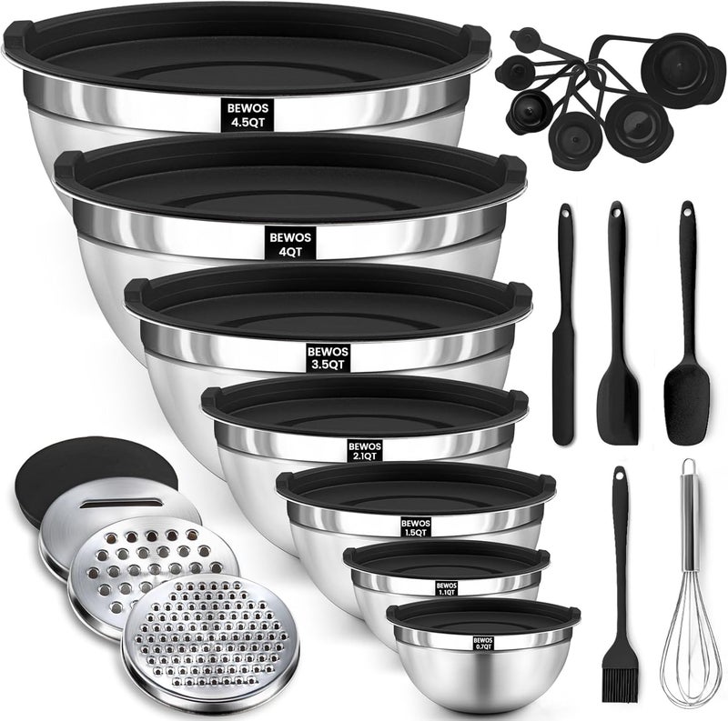 BEWOS 21 Pcs Mixing Bowls with Lids - 7 Stainless Steel Bowls, 3 Graters, 11 Practical Kitchen Accessories, Dishwasher Safe, Ideal for Baking, Meal Prep & On-the-Go, Easy to Store - Image 1